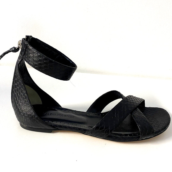 Alexa Wagner Black Sandal Leather Flat Criss Cross Open Toe Zip Snake An… - Picture 2 of 9